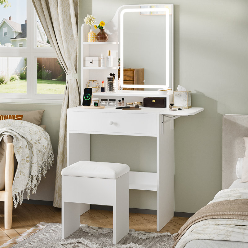 Compact Makeup Vanity Set with Lighted Mirror and Power Outlet
