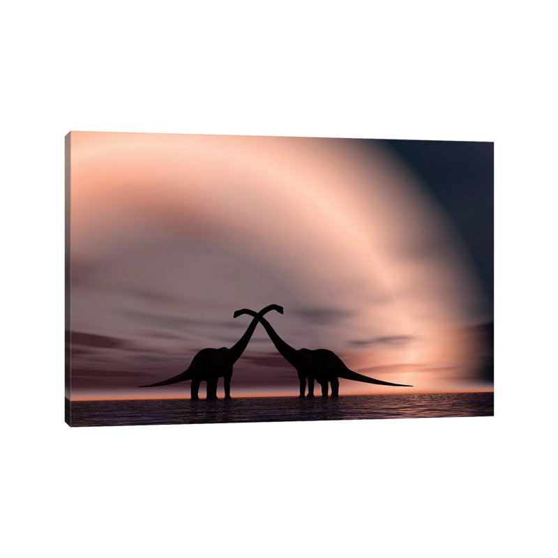 The Silhouetted Forms Of A Pair Of Courting Sauropod Dinosaurs by Mark Stevenson - Wrapped Canvas Print