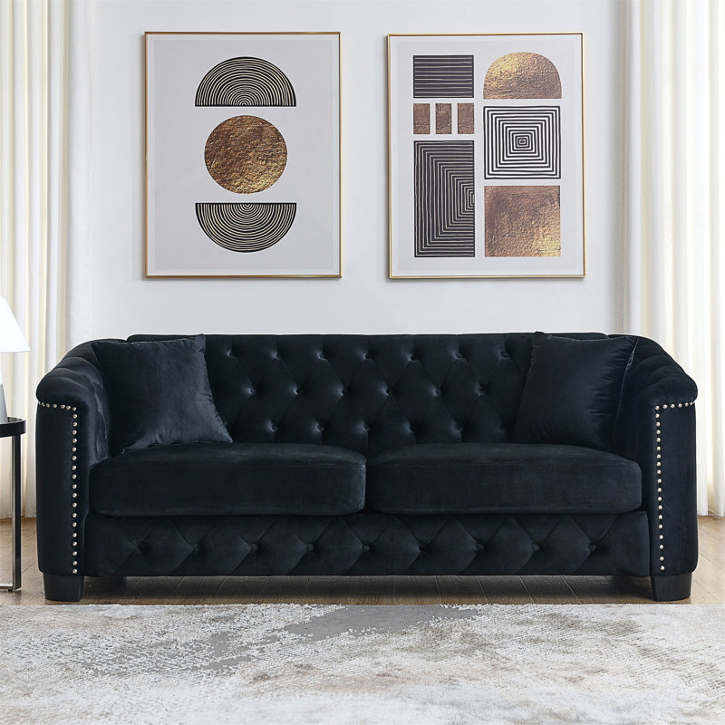 Canapé Chesterfield moderne en velours avec dossier capitonné et garniture cloutée, Velours noir