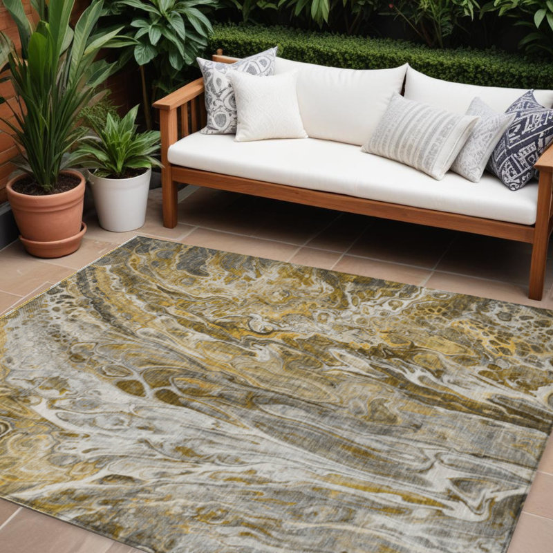 Tapis extérieur lavable abstrait taupe et doré 9 pi x 12 pi brun