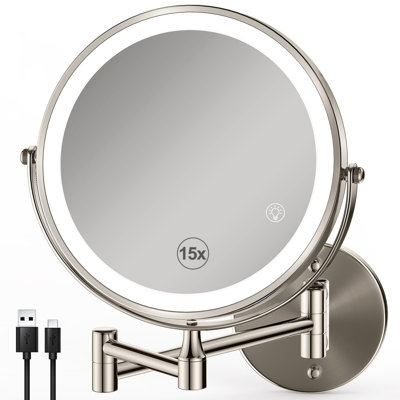 Magnifying Mirror With Lights 1X/15X: 8.5" Double Sided Wall Mounted Lighted Makeup Mirror For Bathroom, Brushed Nickel