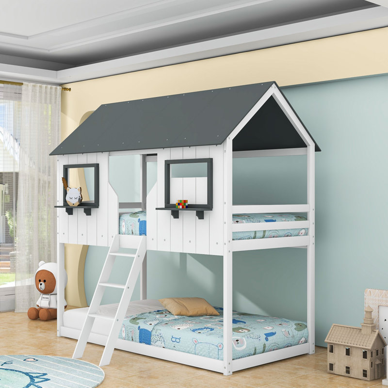Lit superposé simple au-dessus de simple avec toit et échelle pour enfants, Gris