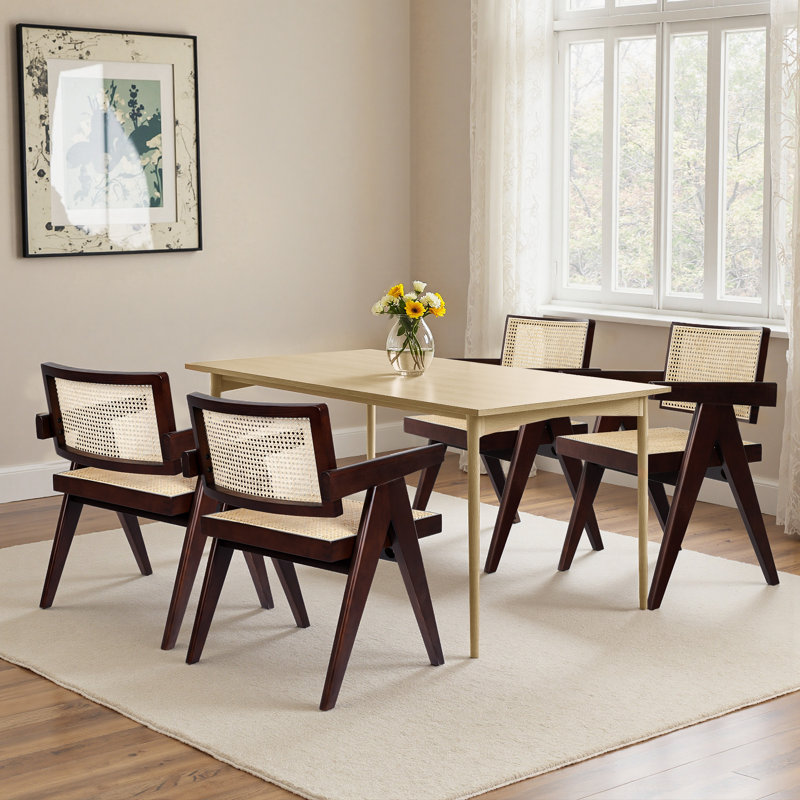 Solid  Retro Wood Rattan Dining Chairs Reinforced Seat (Set of 2), Brown