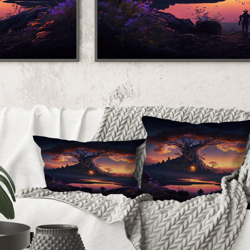Coucher de soleil sur un bonsaï au bord du lac II - Coussin décoratif imprimé arbre