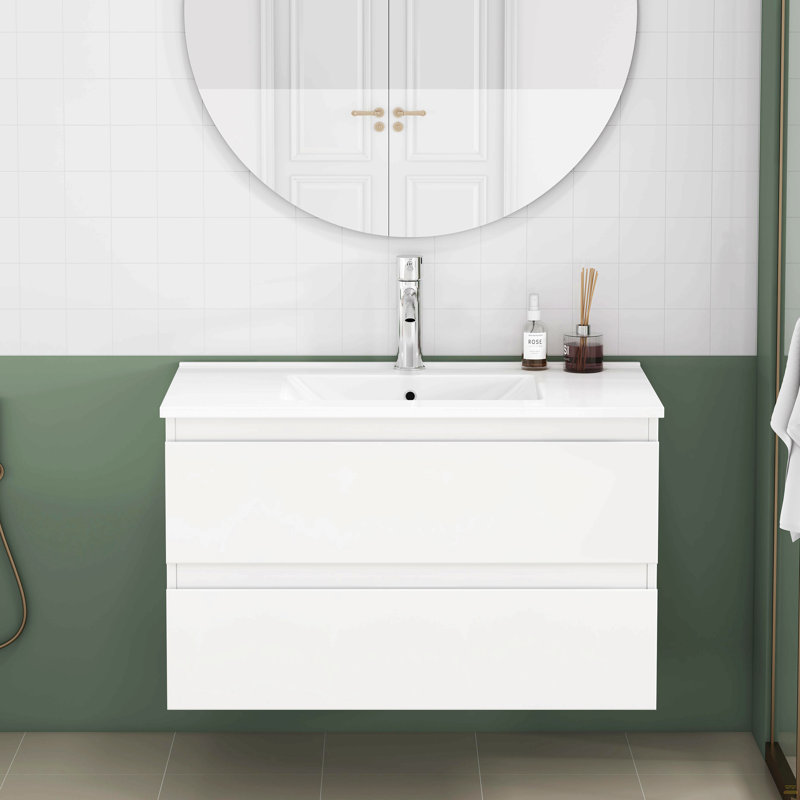 Meuble-lavabo de 31,5 po avec lavabo combiné, armoire avec 2 grands tiroirs, système de fermeture en douceur, 2 grands tiroirs, conception sans poignée, assemblage facile, blanc brillant