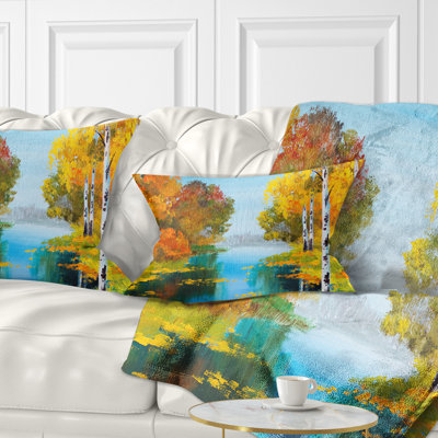 Forêt de bouleaux près de la rivière - Coussin à imprimé paysage
