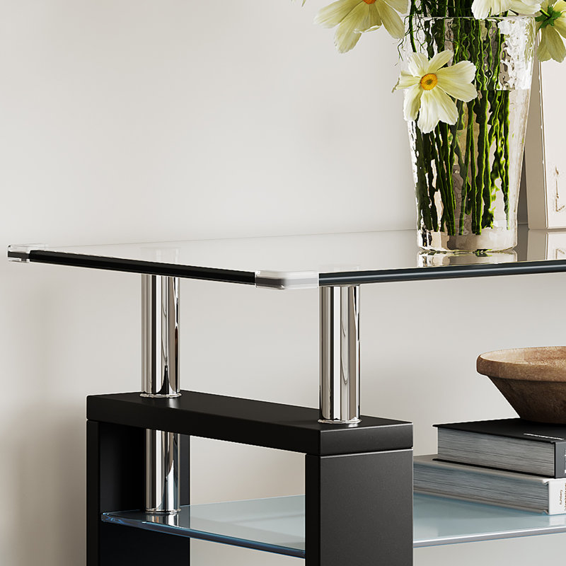 Modern Console Table with 2-Tier Storage Shelf, 47.24" Tempered Glass Top and Stainless Steel Legs, Entryway Table for Hallway, Living Room, and Behind Sofa