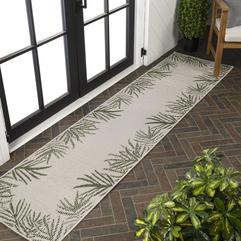 Caherty Coastal Cottage Palm Frond Border Indoor/Outdoor Rug, Green/Cream, Runner 2' x 7'10"