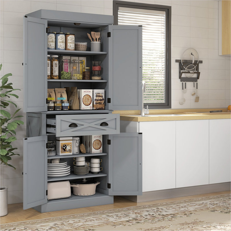 Armoire de rangement Farmhouse Pantry avec tiroir 2 portes, tablettes réglables, 72,5 H, gris classique