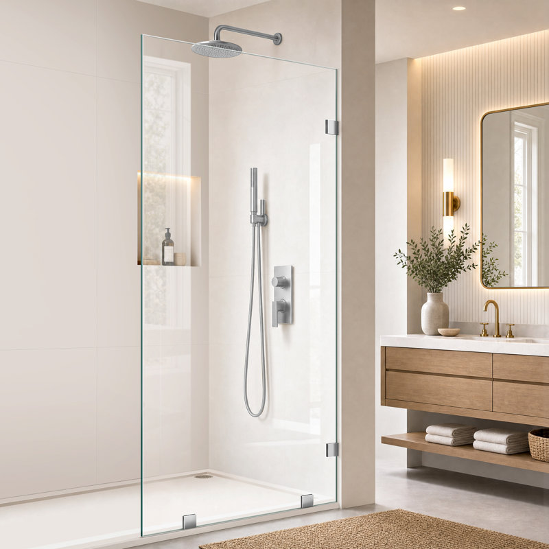 Écran de douche sans cadre de 36 po x l 80 po avec verre trempé de 3/8 po (10 mm) transparent, résistant à l'explosion et nickel brossé