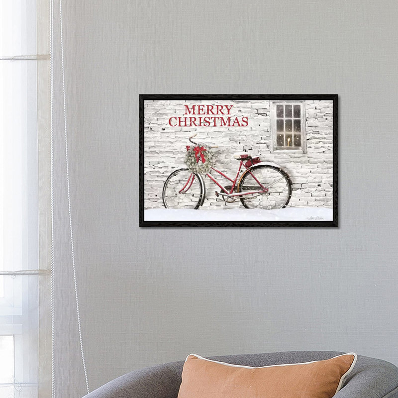 Merry Christmas Bicycle by Lori Deiter - Print on Canvas, 45.72cm H x 66.04cm W x 3.81cm D, Black Framed