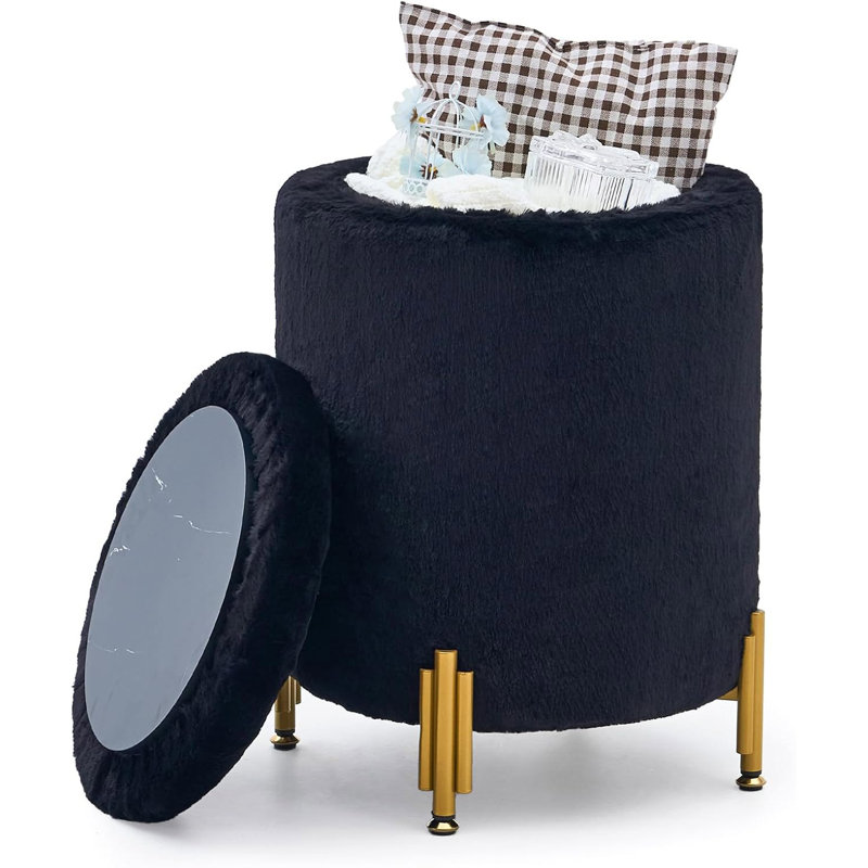 Round Velvet Ottoman with Storage, Black