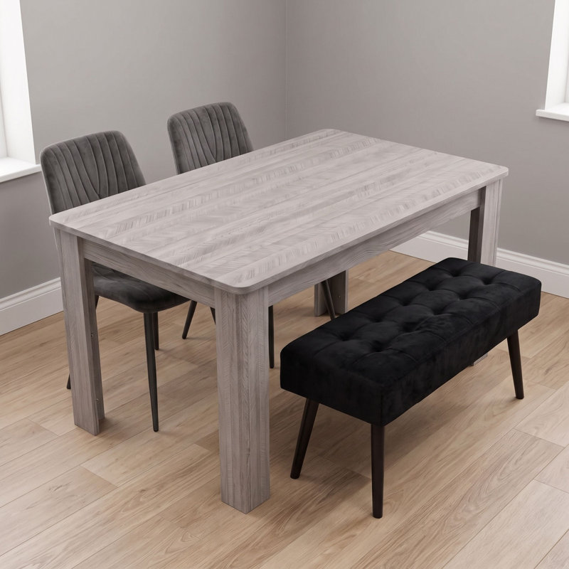 Arrow Grey Dining Table Set with 2 Charcoal Velvet Chairs and Black Velvet Bench 4 Seater