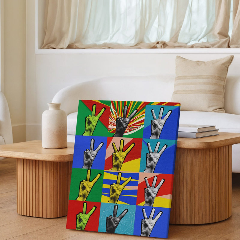 Toile d'un collage de style Pop Art éclatant avec un motif répétitif d'art de signe de paix, geste de la main, rendu sur toile