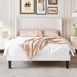 Ophir Queen Size Velvet Bed Frame with Vertical Channel Tufted Wingback Headboard, Upholstered Platform Bed with Wood Slats, No Box Spring Needed, Easy Assembly, White