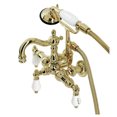 Kingston Brass Heritage Three-Handle 2-Hole Tub Wall Mount Clawfoot Tub Faucet with Hand Shower