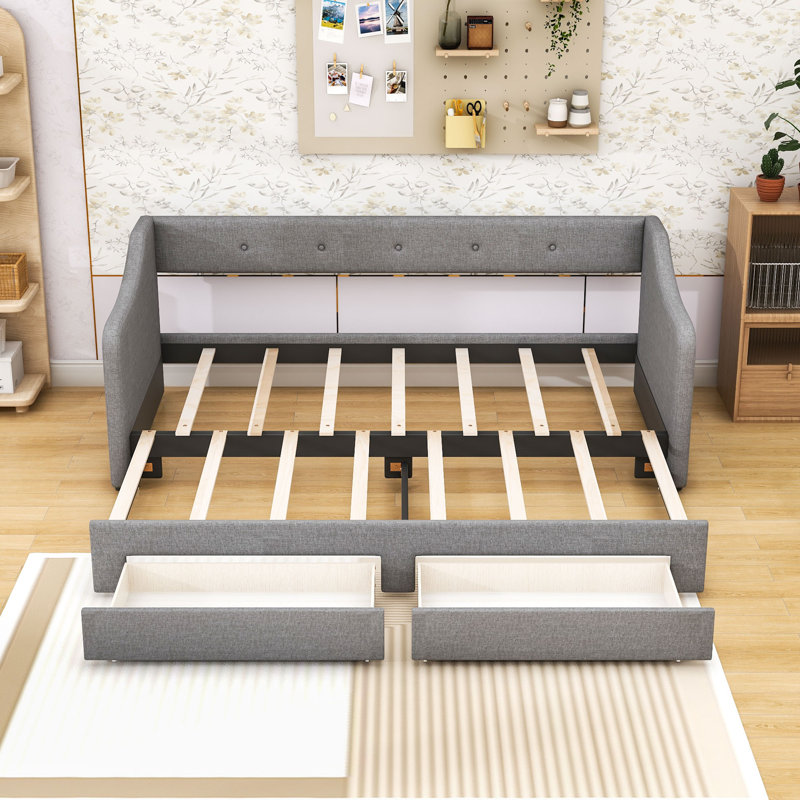 Convertible Twin XL to King Size Upholstered Daybed with Storage Drawers, Gray