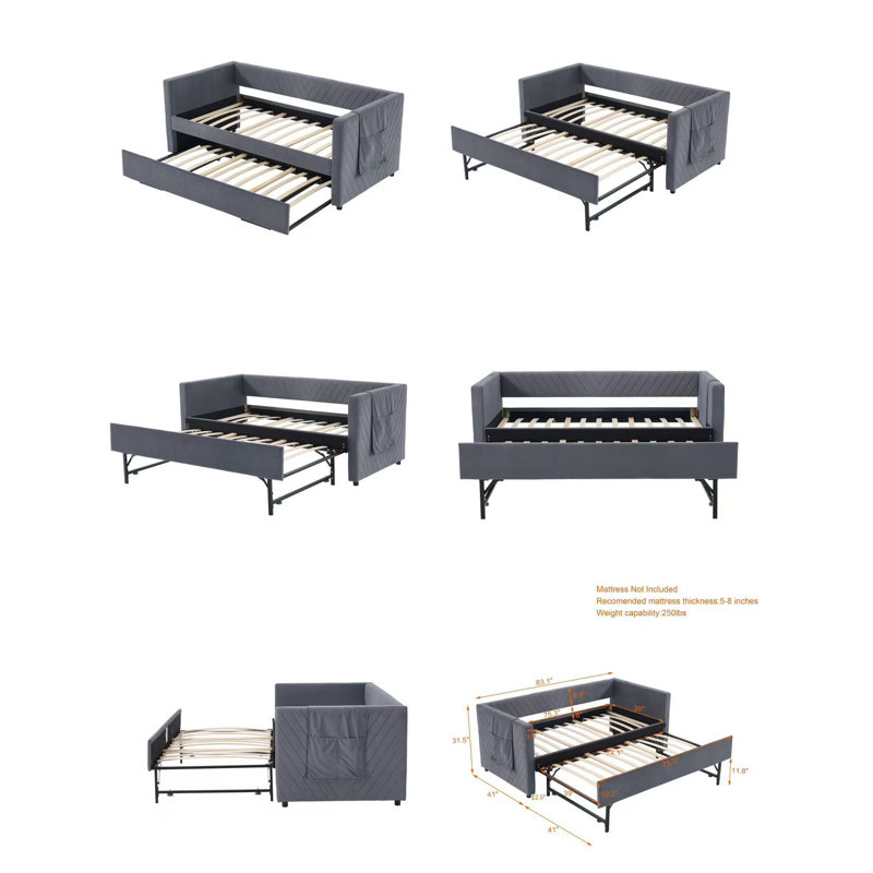 Lit de jour simple rembourré avec lit gigogne, port USB, poches latérales, dossier à profil en V moderne, aucun sommier nécessaire, pour chambre à coucher, chambre d'amis (gris, simple)