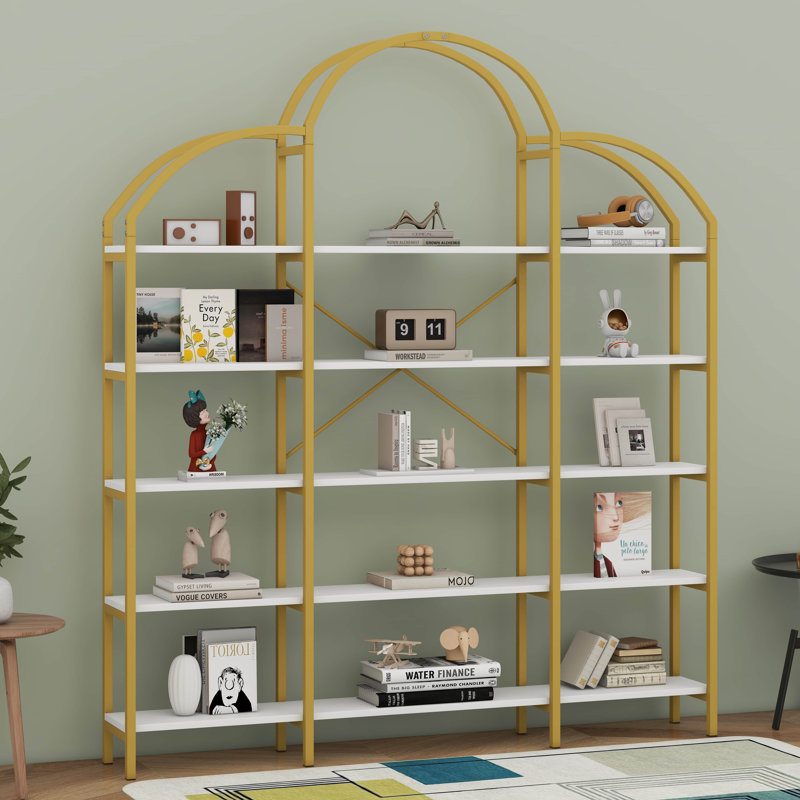 Modern 74.8 Inch 5 Tiers Bookcase Bookshelf, Multi-Functional Display Shelf With Round Top