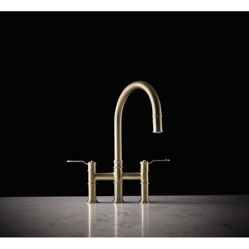 Armstrong Pull-Down Bridge Kitchen Faucet With C-Spout, Satin English Gold