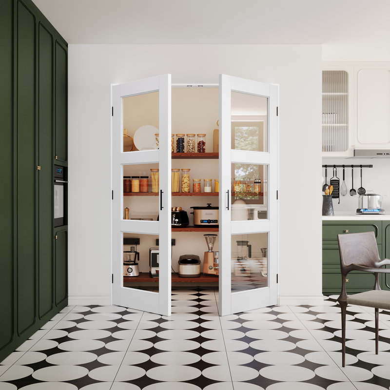 80"H 3-Lite Clear Glass White Primed Interior French Doors With Black Ball Catch And Installation Hardware Kit /Handles