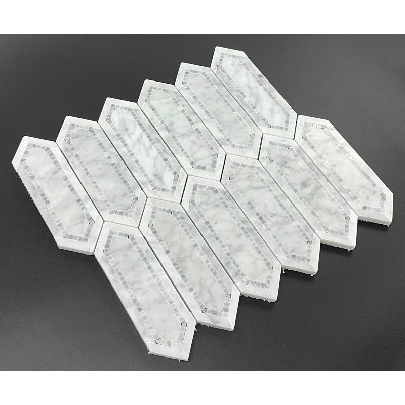 2" x 6.5" Marble Picket Mosaic Wall & Floor Tile, White Carrara / Italian Gray