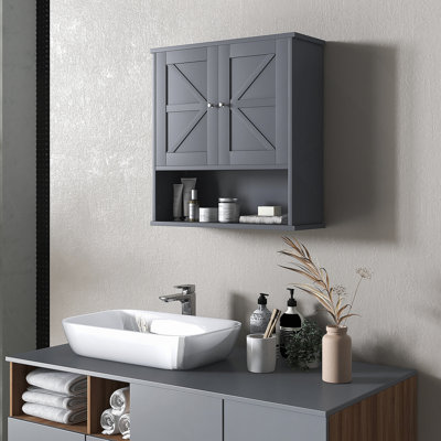 Farmhouse Bathroom Wall Cabinet, Wall Mounted Medicine Cabinet with Open Shelf & Adjustable Shelf, Storage for Laundry Room, Gray