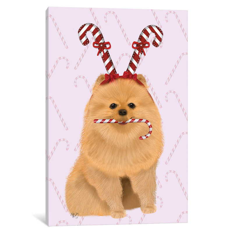 Impression sur toile tendue Fab Funky «Pomeranian and Candy Canes», H 12 po x l 8 po x P 0,75 po, Toile tendue, Pas de tapis