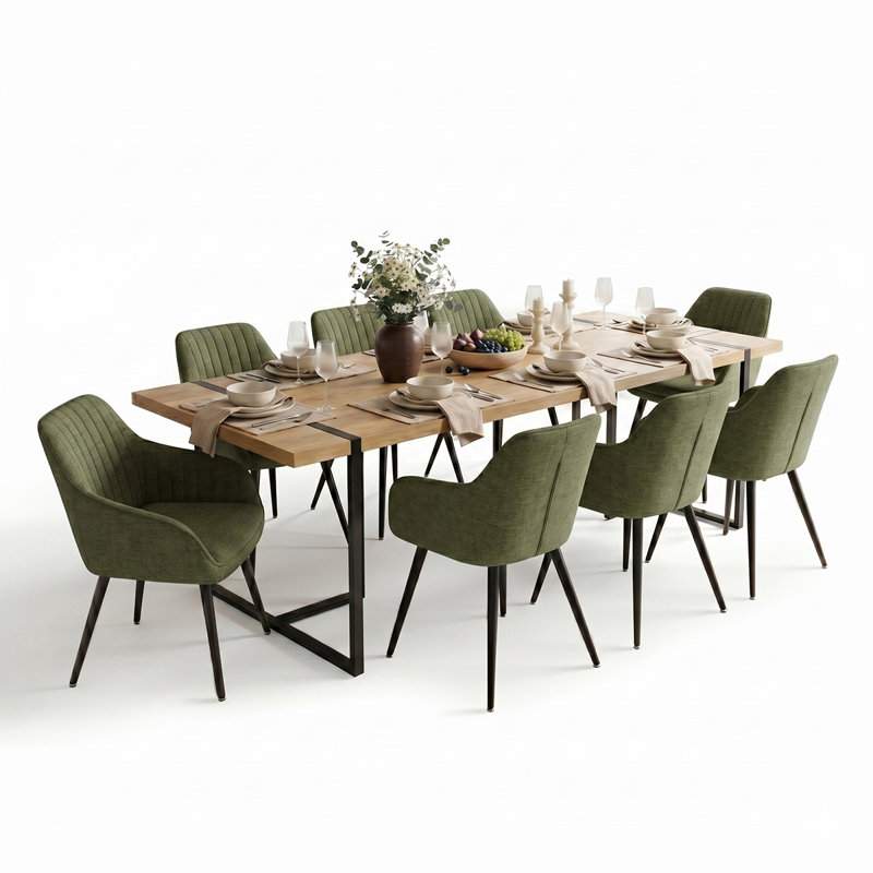 Modern 79" Rectangular Dining Set With 8 Upholstered Arm Chairs, Green
