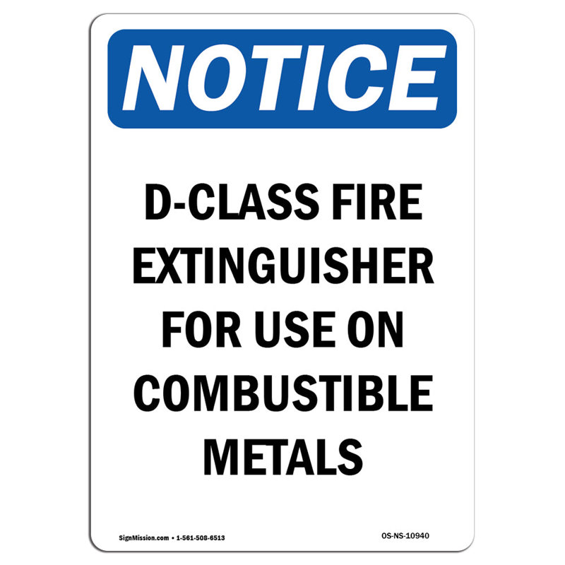 Enseigne d'extincteur D-Class pour utilisation sur les métaux combustibles, H 24 po x l 18 po x P 0,1 po