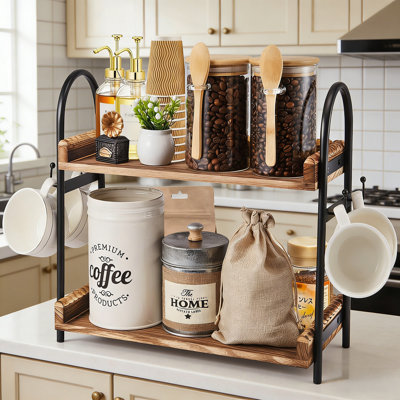 2-Tier Coffee Bar Organizer With 4 Mug Hooks, Wood And Metal Countertop Shelf For Coffee Station, Tea & Makeup Storage