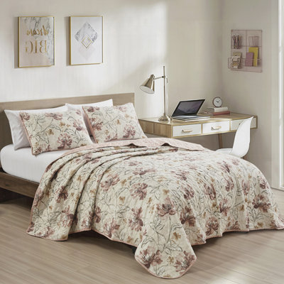 Ensemble de couvre-lit réversible en microfibre 3 pièces à imprimé floral rosé, très grand