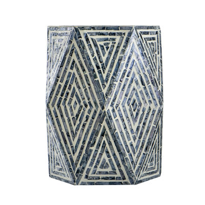 16" Hexagonal Capiz Shell Garden Stool with Diamond Pattern in Black and White