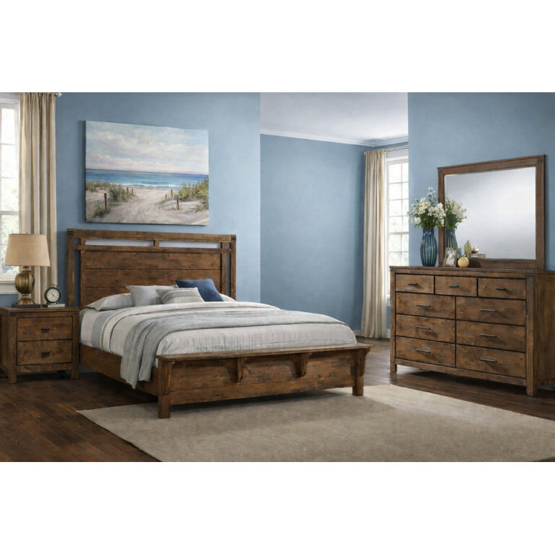 Ensemble de chambre à coucher à panneau rustique avec finition brune, 4 Piece, Grand lit
