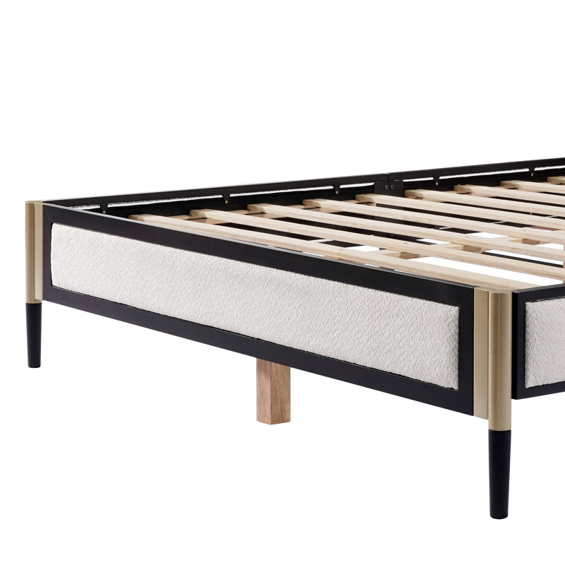 Lit double avec tête de lit en tissu blanc bouclé, cadre industriel argenté champagne + noir, lattes solides pour un poids de 800 lb, assemblage rapide dans la chambre à coucher avec charge en bois rembourré