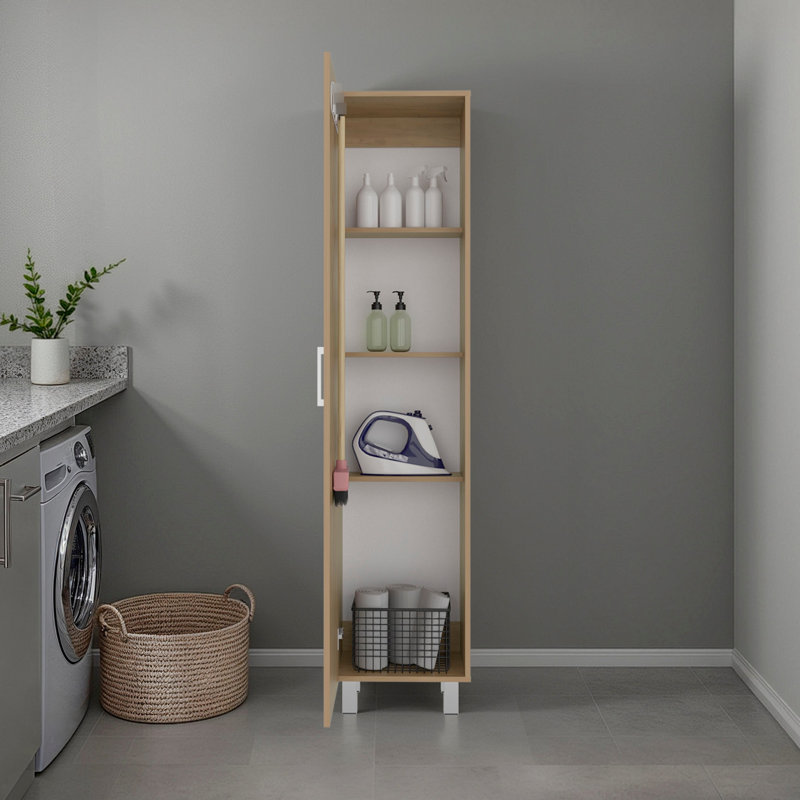 Armoire de buanderie autoportante en chêne naturel avec tablettes fixes, 70,9 pouces de hauteur, 15,7 de largeur, convient à la salle de bain, étagères de rangement minces de style moderne et espaces utilitaires compacts, profondeur 12,2 po, idéale