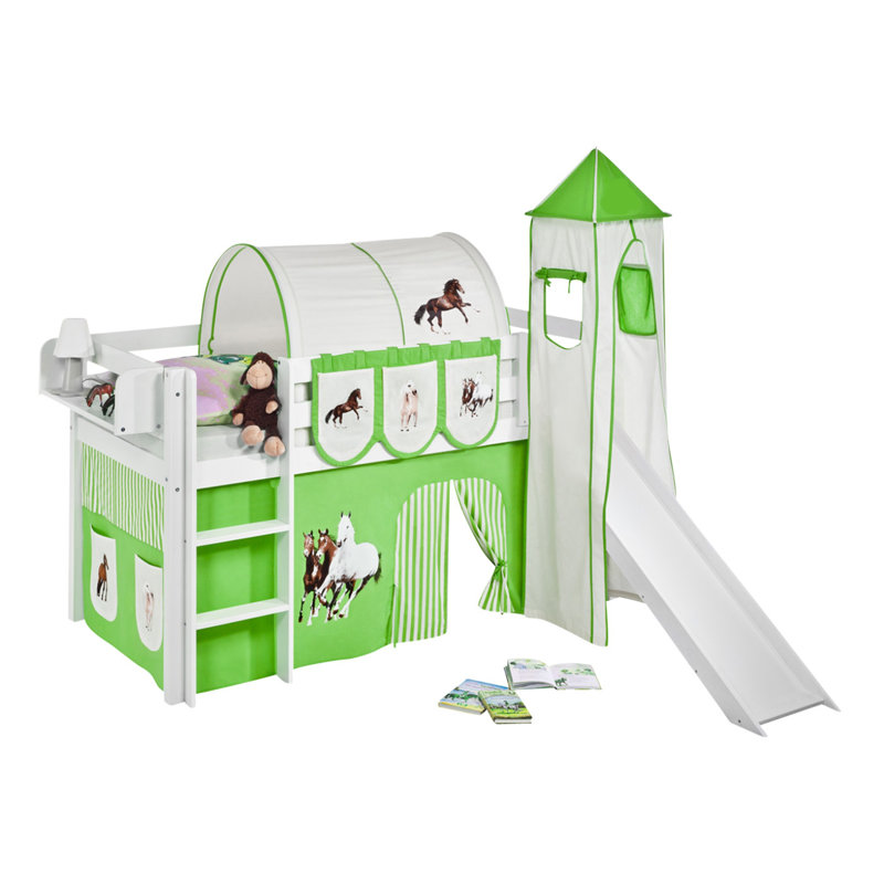 Halbhochbett Pferde mit Vorhang, 90 x 190 cm, Green/Beige