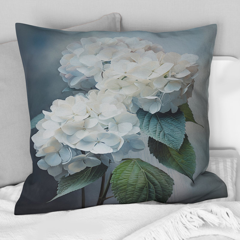 White Hydrangea Whispering Hues - Hydrangea Printed Throw Pillow