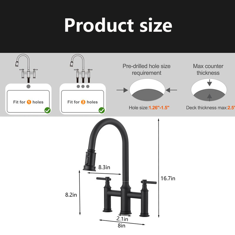 Bridge Kitchen Faucet, 3 Holes Kitchen Faucet With Pull Down Sprayer,2 Handles, 360° Swivel Spout, Black