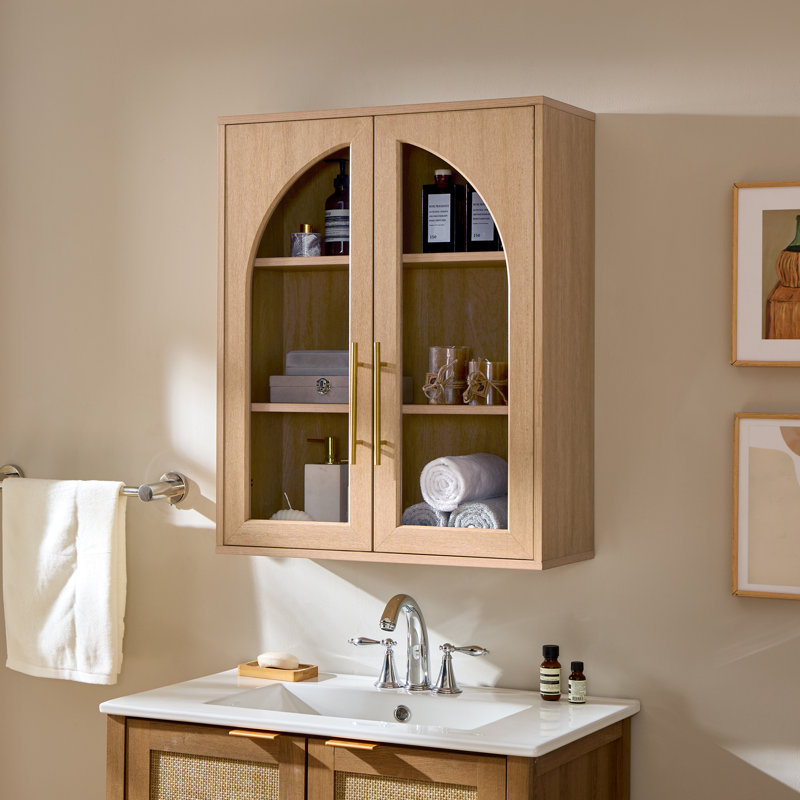 Modern Arched Bathroom Wall Cabinet with Glass Doors, Natural Oak-1PCS, Natural Oak, 1