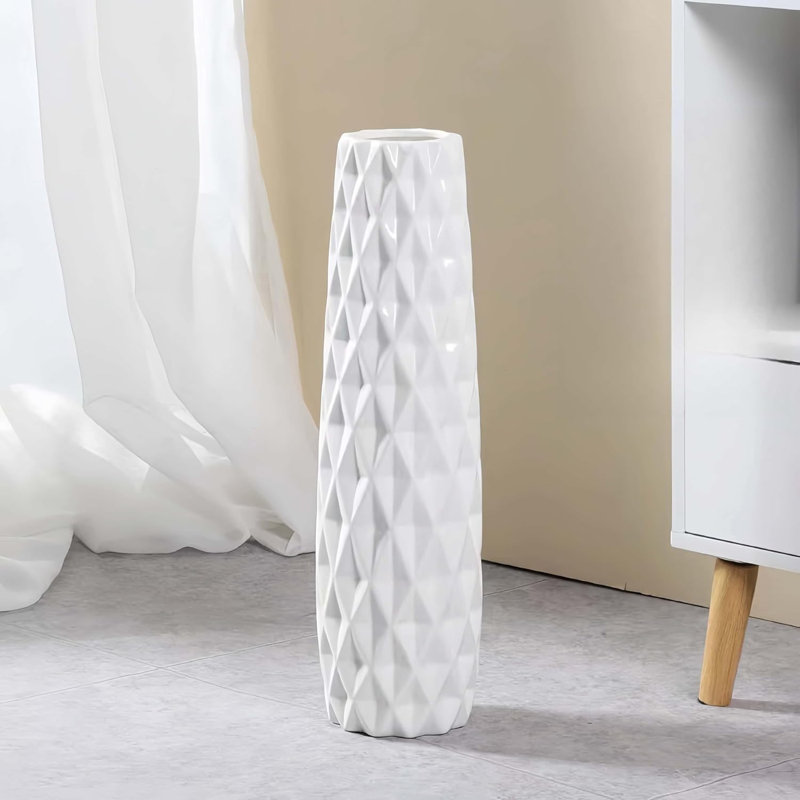 Vase de plancher en céramique blanc moderne pour la décoration intérieure, Hauteur totale: 17,7 po 