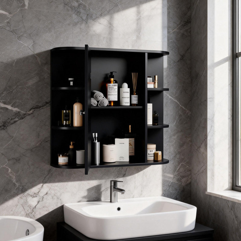 Armoire murale de salle de bain avec porte miroir et 3 tablettes, Noir