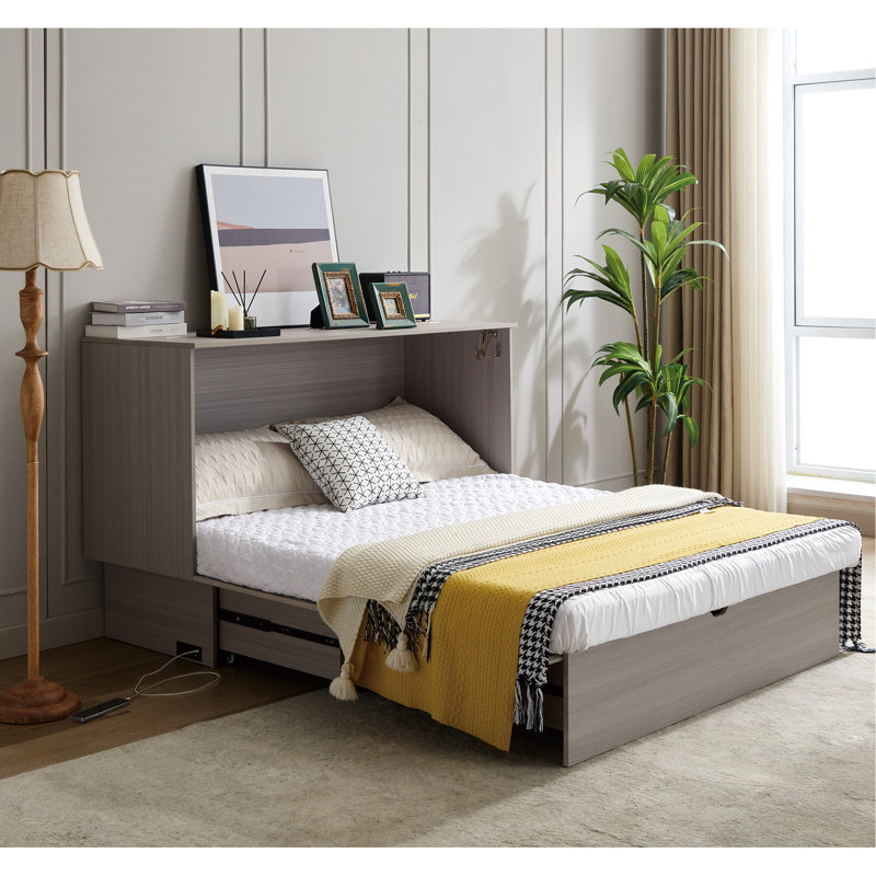 Grand lit avec rangement, matelas en mousse pliable et borne de charge, lit convertible gris, fonction de rangement, quai