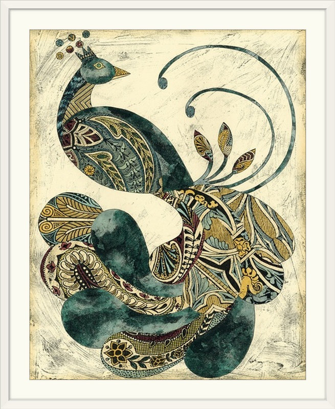 Royal Peacock " Royal Peacock I ", 38" H x 32" W x 1" D, White Framed