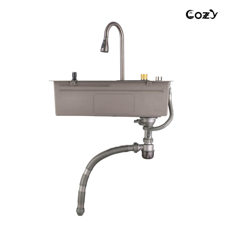 Évier de cuisine Waterfall, cuve simple en acier inoxydable noire, poste de travail multifonctionnel avec robinet de pluie et planche à découper, évier simple en acier inoxydable