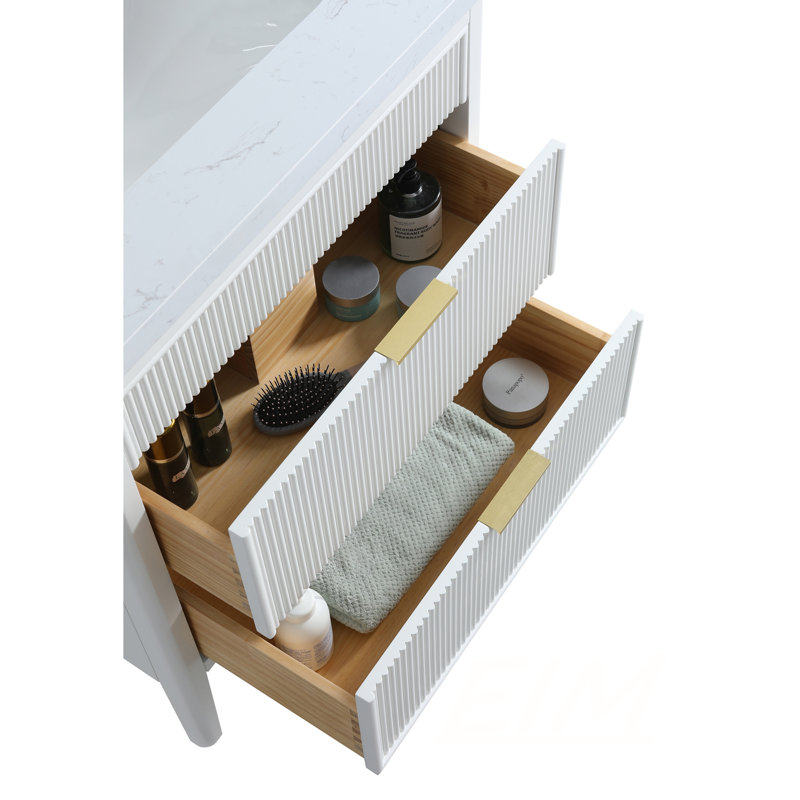 Meuble-lavabo autoportant blanc entièrement assemblé de 30 po avec comptoir en bois massif et marbre d'ingénierie, durable et élégant
