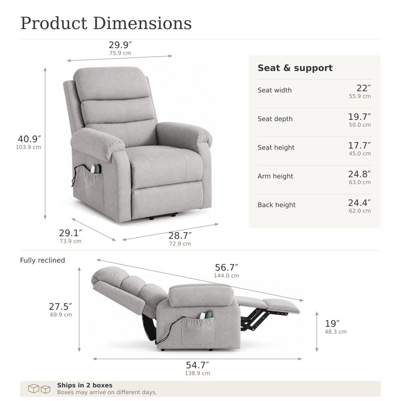 30" W Upholstered Power Recliner with Massage and Heating Side Pockets -Light Gray, Light Gray