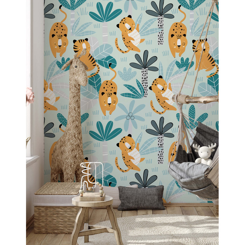 Francys Childrens Tiger And Leopard Wallpaper, Green