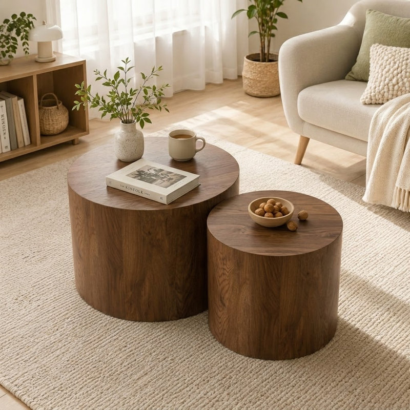 Ensemble de tables d'appoint cylindriques en bois peu encombrantes avec pieds antidérapants pour balcon et appartements
