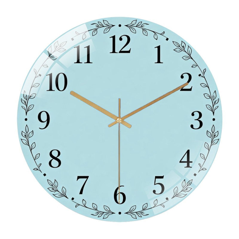 Horloge murale 12 po ronde en verre trempé avec mouvement à quartz silencieux, Bleu clair